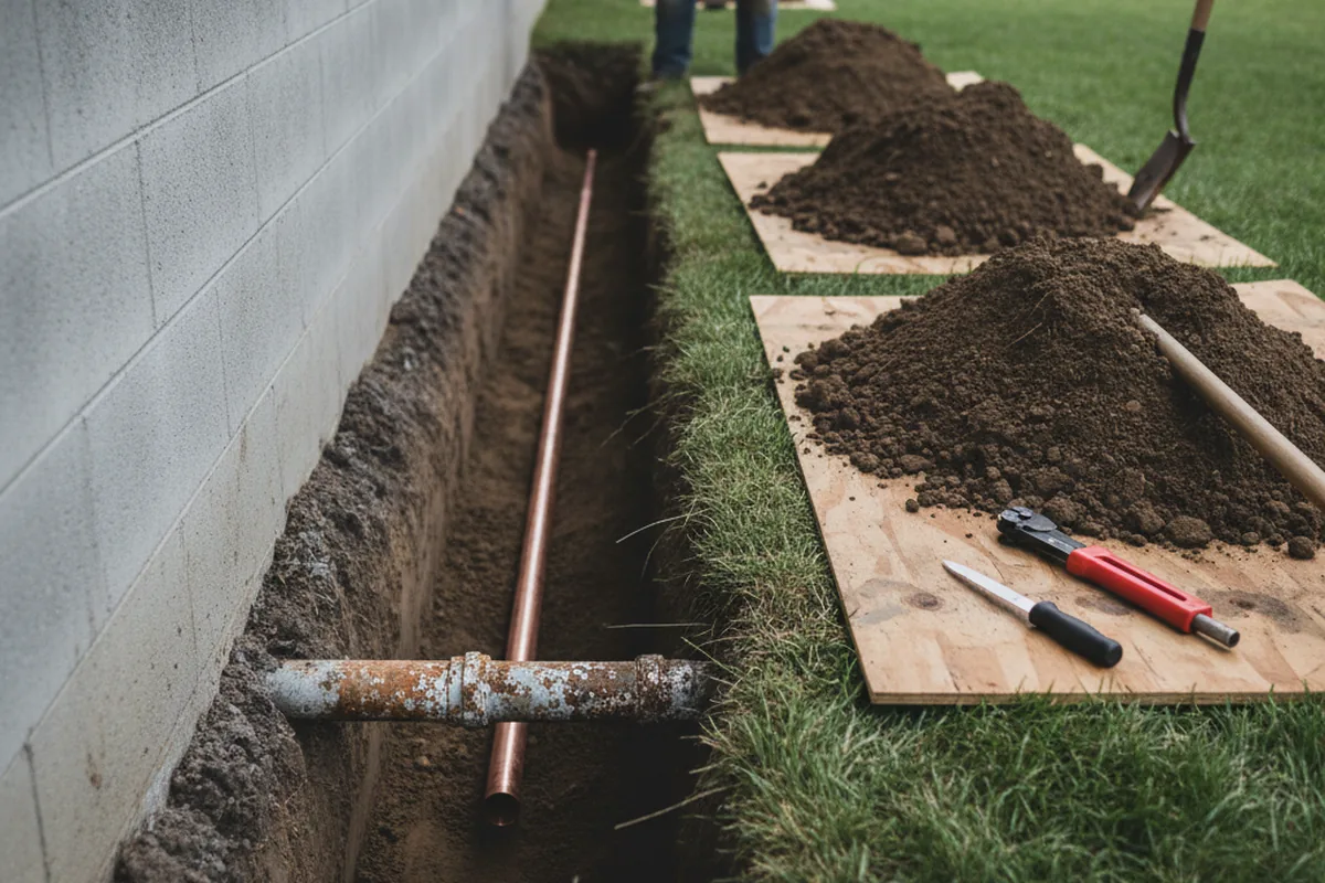 Excavated water line trench during Sewer Line Repair in Spencerville